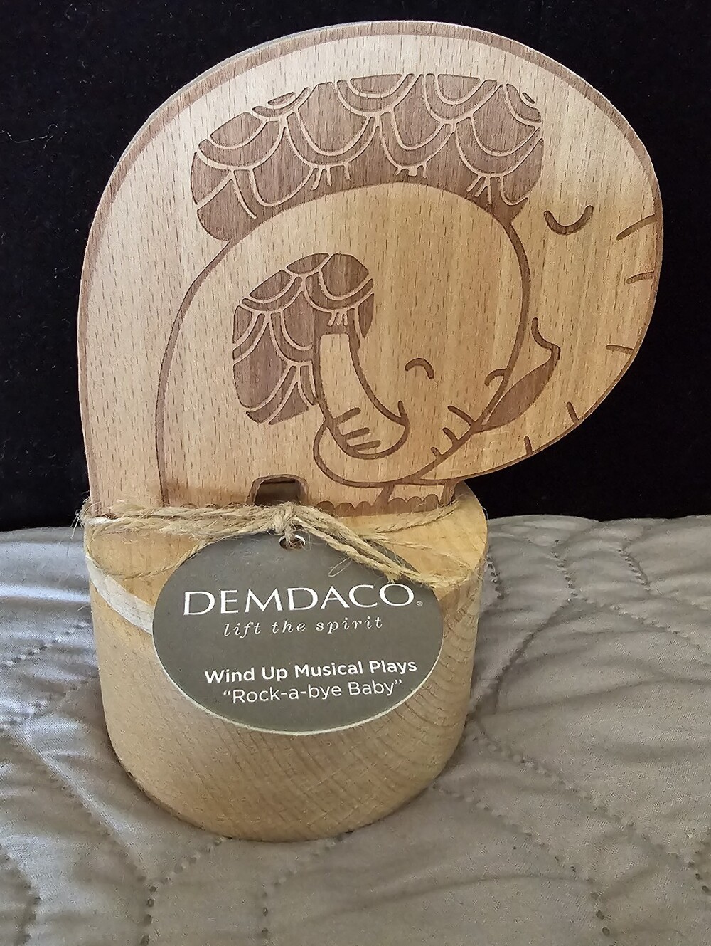 Demdaco 2019 Natural Wood Carved Baby Elephant Figure Musical "Rock-A-Bye Baby"